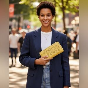 Coach Laser-Cut Leather Accordion Zip Wallet Sunflower Yellow, Gold Hardware